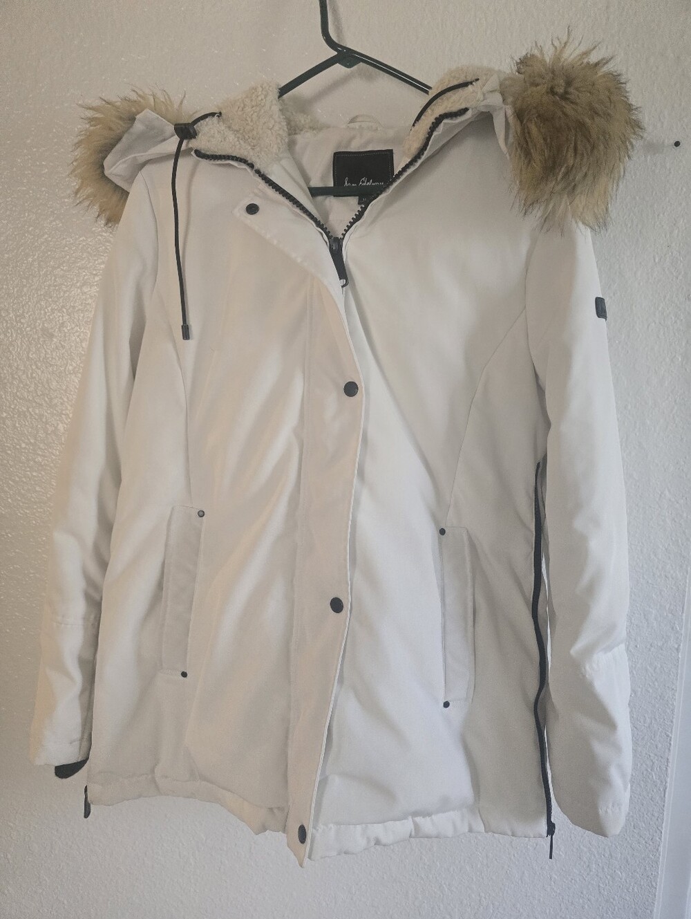Sam Edelman Coat Womens Medium Ivory Hooded Full Zip Snap Button Pockets EUC